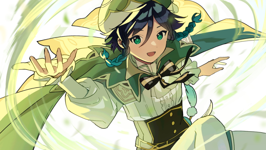 1boy androgynous aqua_hair beret black_hair bow bowtie braid cloak collared_shirt corset feathers frilled_shirt frilled_sleeves frills genshin_impact gradient_hair green_eyes green_shorts hair_between_eyes hand_up hat hidakarumen long_sleeves male_focus multicolored_hair open_mouth pantyhose ribbon shirt short_hair short_hair_with_long_locks shorts side_braids simple_background smile solo twin_braids venti_(genshin_impact) white_background white_pantyhose white_shirt