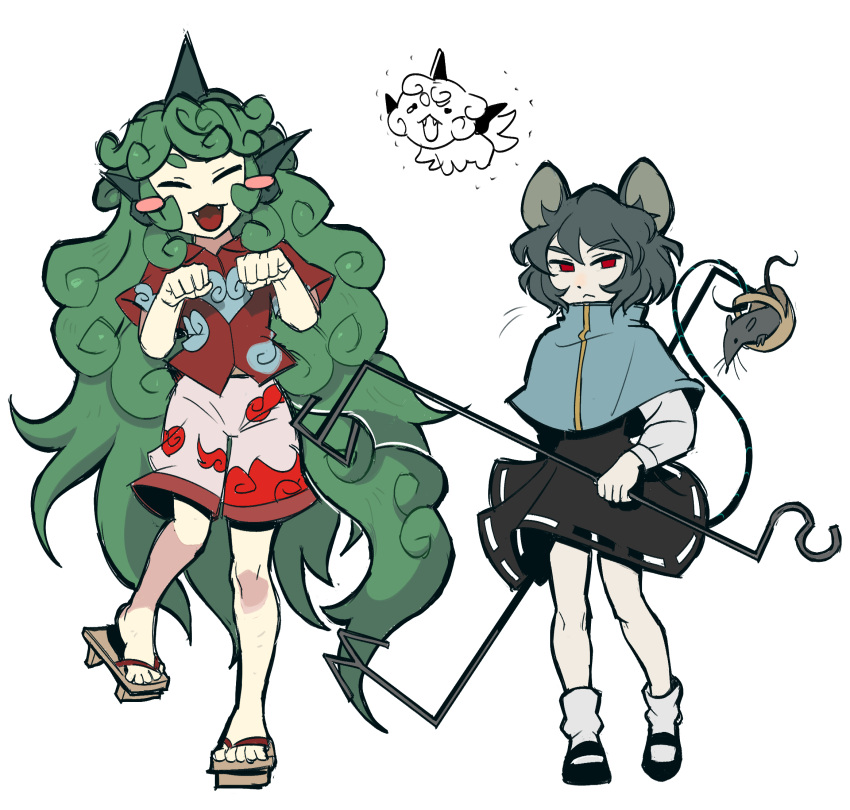 2girls :&lt; animal_ears basket black_footwear blue_capelet blush_stickers capelet closed_eyes closed_mouth cloud_print commentary curly_hair dowsing_rod dress expressionless fangs full_body geta grey_dress grey_hair grey_horns highres horns kariyushi_shirt komano_aunn komano_aunn_(komainu) long_hair long_sleeves looking_at_viewer mary_janes mouse_(animal) mouse_ears mouse_girl mouse_tail multiple_girls nazrin open_mouth paw_pose pink_shorts red_eyes red_shirt shirt shoes short_hair shorts simple_background single_horn smile socks standing symbol-only_commentary taco_touhou tail touhou unfinished_dream_of_all_living_ghost very_long_hair white_background white_socks