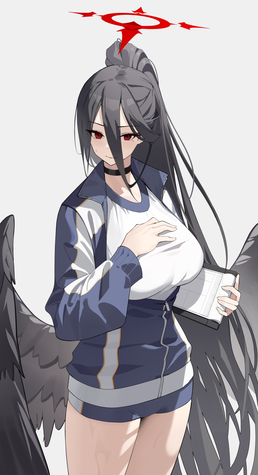 1girl absurdres black_choker black_hair black_wings blue_archive blue_shirt blue_shorts breasts choker clipboard closed_mouth commentary_request cowboy_shot facing_viewer feathered_wings feishi grey_background gym_uniform hair_between_eyes halo hand_on_own_chest hasumi_(blue_archive) hasumi_(track)_(blue_archive) highres holding holding_clipboard huge_breasts large_wings long_bangs long_hair long_sleeves looking_ahead mole mole_under_eye official_alternate_costume partially_unzipped ponytail red_eyes red_halo shirt shorts simple_background skirt solo standing very_long_hair white_skirt wings