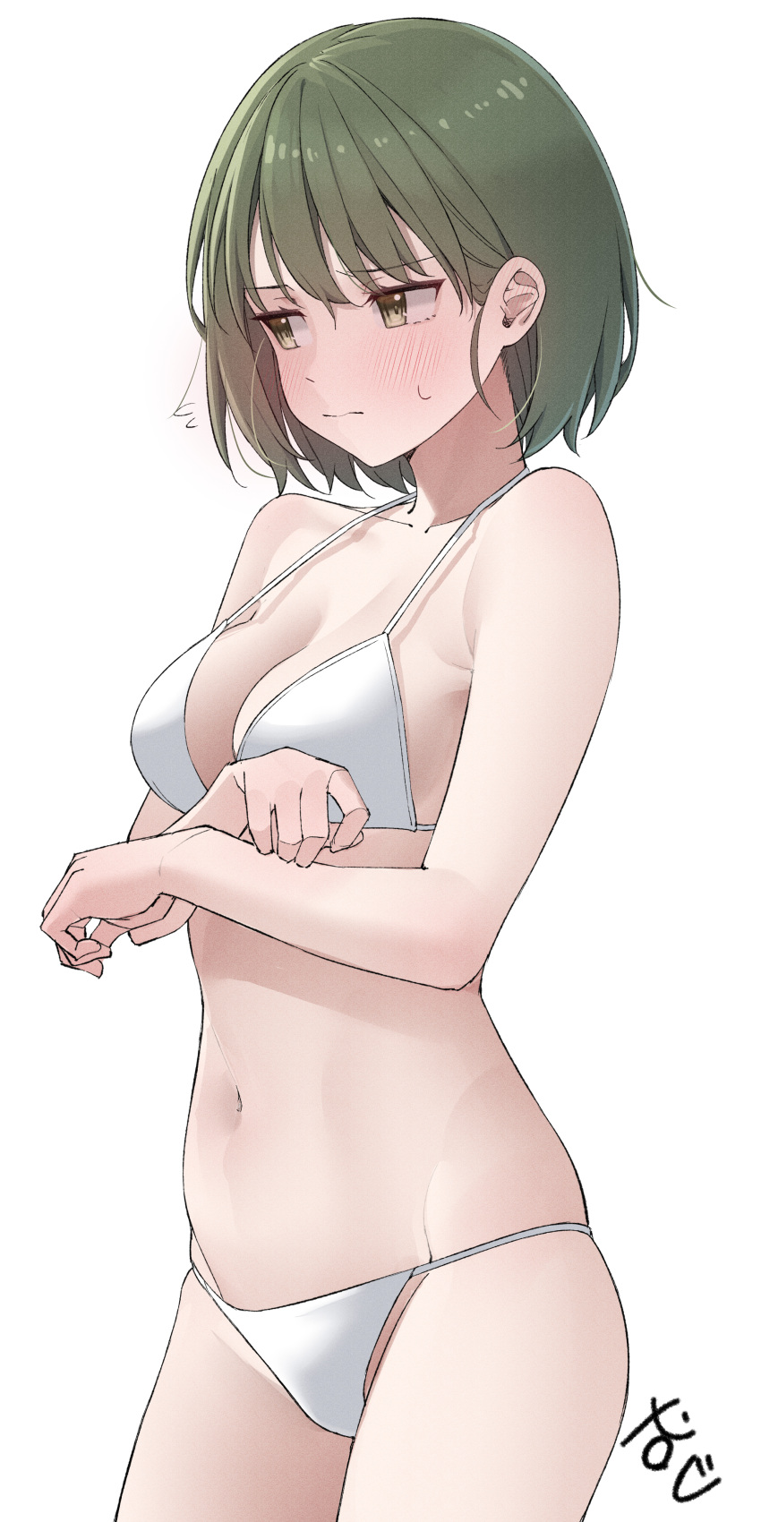 1girl absurdres bare_shoulders bikini blush breasts cleavage closed_mouth cowboy_shot flying_sweatdrops green_eyes green_hair highres idolmaster idolmaster_shiny_colors kawai_ritsu_(rits_meg) looking_to_the_side medium_breasts nanakusa_nichika navel short_hair simple_background skindentation solo stomach sweat swimsuit upper_body white_background white_bikini