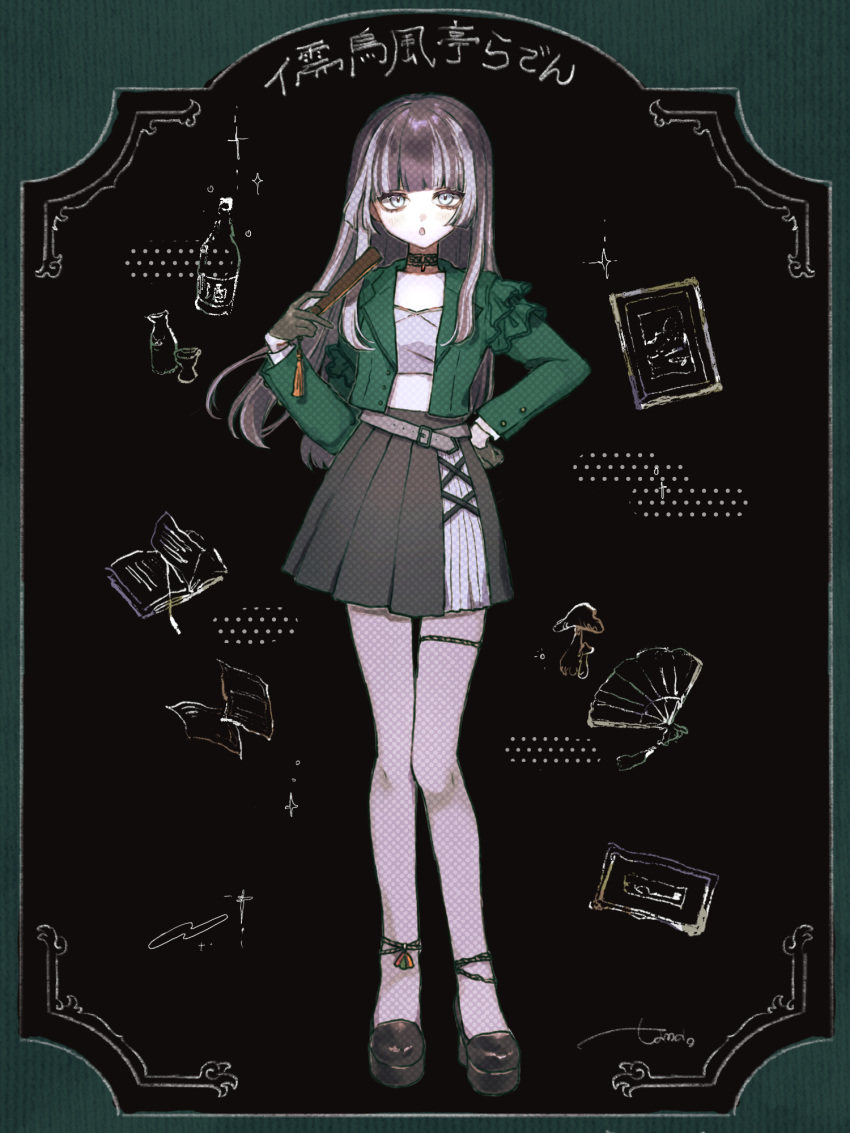1girl :o adapted_costume ankle_strap black_footwear black_hair blue_eyes blue_garter_straps commentary folded_fan folding_fan full_body gloves green_jacket grey_hair half_gloves hand_fan hand_on_own_hip hand_up highres hololive hololive_dev_is jacket juufuutei_raden long_hair long_sleeves looking_at_viewer multicolored_hair open_mouth regloss_(hololive) sidelocks solo streaked_hair tama_(odi_san_fairy) thigh_strap