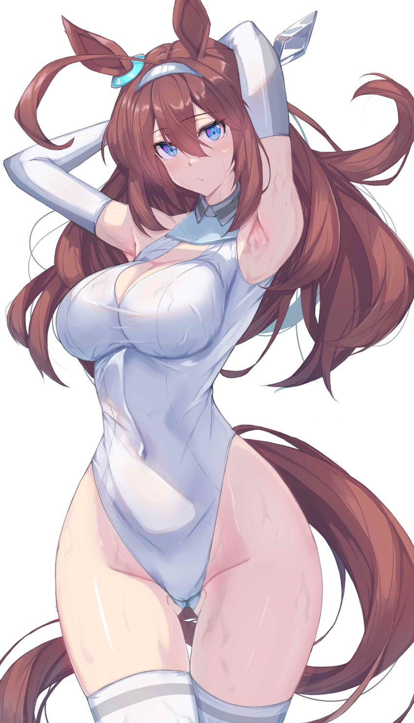 1girl :/ absurdres ahoge animal_ears armpits arms_behind_head arms_up ass_visible_through_thighs bare_shoulders blue_eyes blush breasts brown_hair cleavage cleavage_cutout clothing_cutout collared_leotard covered_navel ear_ornament elbow_gloves gloves hair_between_eyes hairband highleg highleg_leotard highres horse_ears horse_girl horse_tail large_breasts leotard long_hair looking_at_viewer mihono_bourbon_(umamusume) sleeveless_turtleneck_leotard solo sweat tail taut_leotard thigh_gap thighhighs thighs toned_female umamusume very_long_hair white_gloves white_leotard white_thighhighs yuuri_(sinjitu-no-yukue)