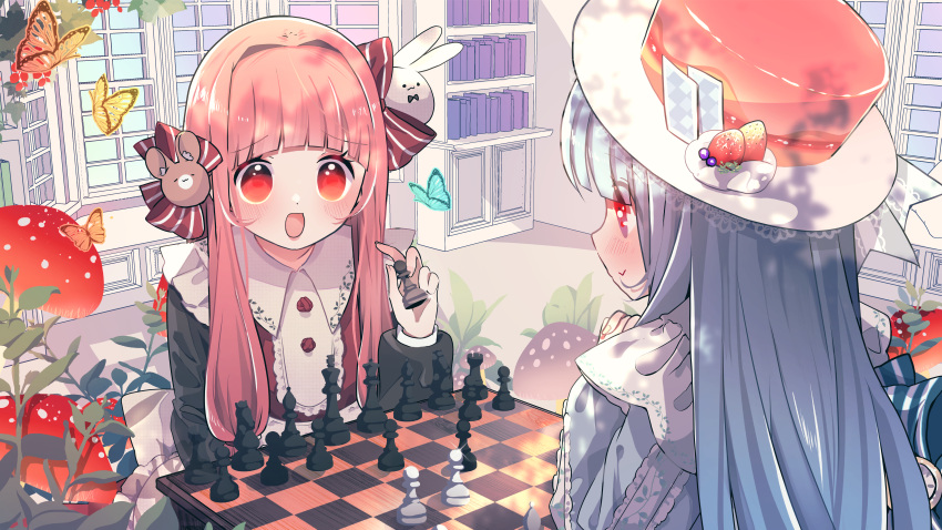 2girls absurdres alternate_costume black_sleeves blue_hair blunt_bangs blush board_game bookshelf bow bug butterfly chess collared_dress commentary_request commission dress food-themed_hat furrowed_brow hair_bow hair_ornament hat highres holding_chess_piece indoors kotonoha_akane kotonoha_aoi long_hair long_sleeves looking_at_another multiple_girls multiple_hair_bows mushroom open_mouth own_hands_clasped own_hands_together oyasumi_makura pink_hair playing_chess profile rabbit_hair_ornament raised_eyebrows red_bow red_dress red_eyes siblings sidelocks sisters skeb_commission striped_bow top_hat upper_body voiceroid window