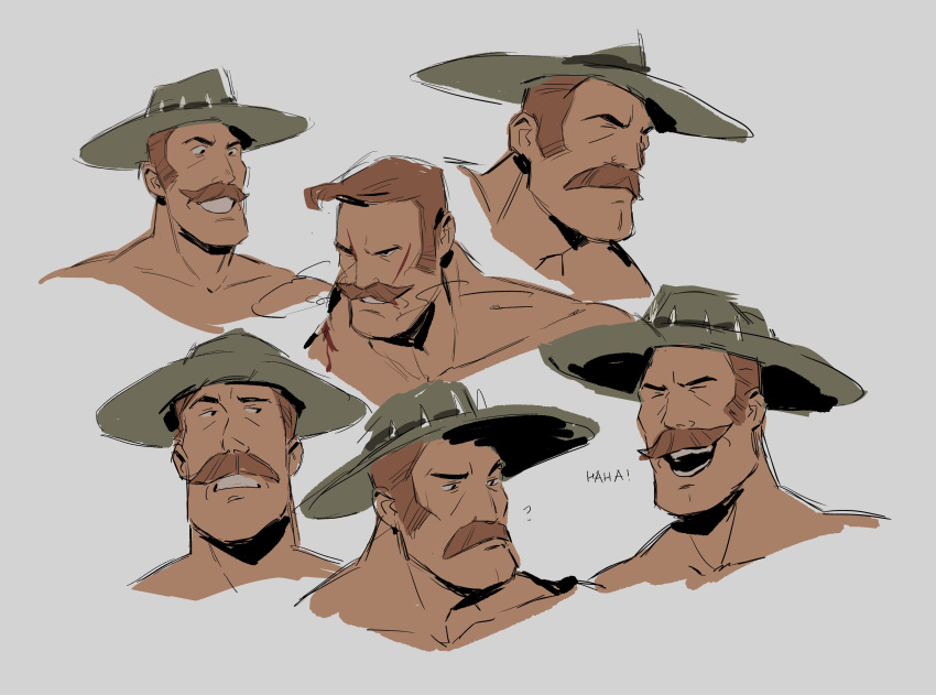 1boy ? absurdres bara bleeding blonde_hair blood citrus0lemon closed_eyes cowboy_hat cropped_torso hat highres injury laughing long_sideburns male_focus mature_male multiple_views muscular muscular_male saxton_hale short_hair sideburns simple_background smile solo team_fortress_2 thick_mustache