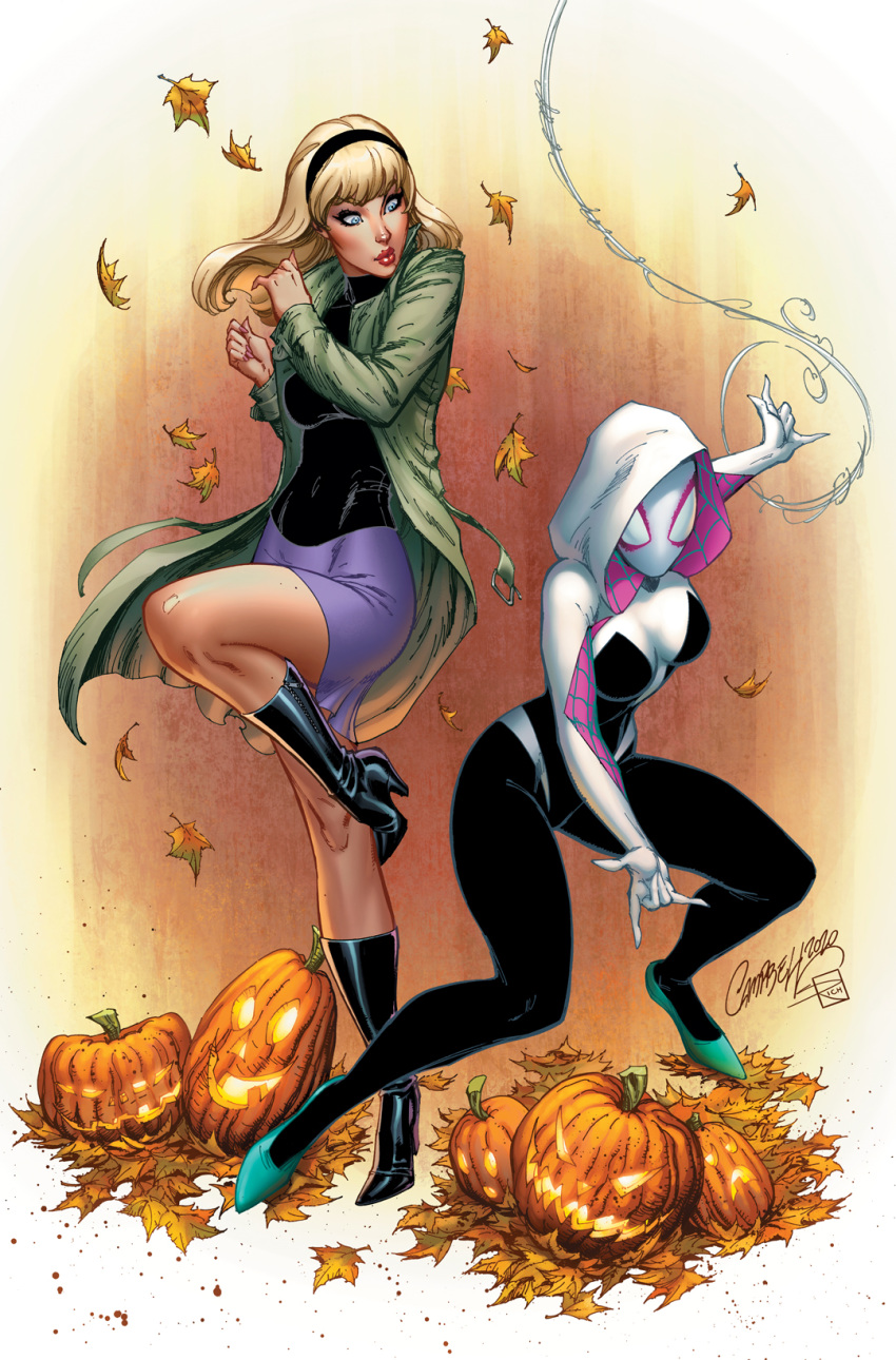 2girls autumn_leaves black_bodysuit black_footwear black_hairband black_shirt blonde_hair blue_eyes bodysuit boots breasts coat dual_persona falling_leaves green_coat gwen_stacy hairband halloween highres hood hooded_bodysuit j._scott_campbell jack-o'-lantern knee_boots leaf long_coat long_hair looking_at_another marvel medium_breasts miniskirt multicolored_bodysuit multicolored_clothes multiple_girls open_clothes open_coat pink_bodysuit purple_skirt shirt signature skirt spider-gwen spider-man_(series) superhero_costume white_bodysuit