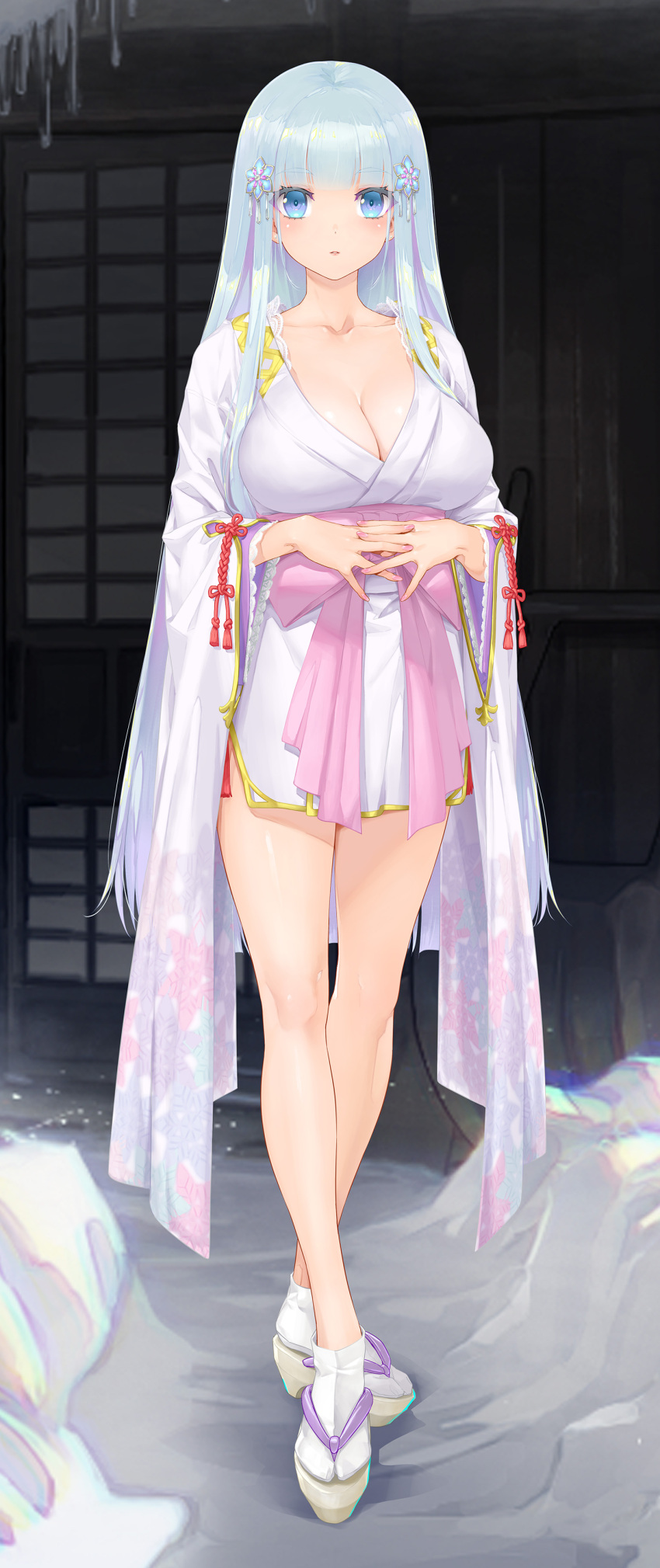 1girl absurdres bishoujo_mangekyou_(series) bishoujo_mangekyou_ibun:_yuki_onna blue_eyes blue_hair blush breasts cleavage crossed_legs full_body hair_ornament happoubi_jin highres japanese_clothes kimono large_breasts long_hair official_art pink_nails sandals shirayuki_hime_(bishoujo_mangekyou) short_kimono socks solo_focus tabi very_long_hair wide_sleeves