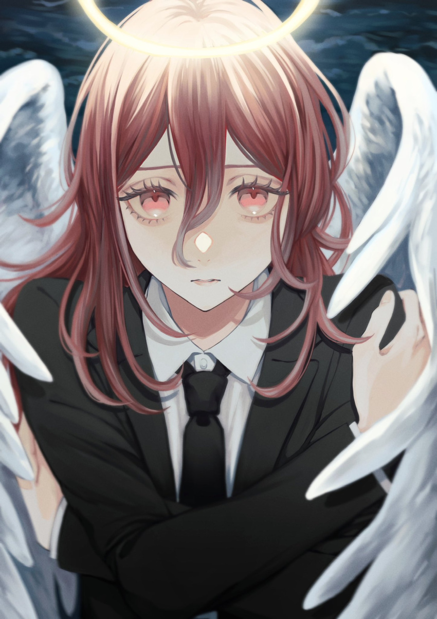 1boy androgynous angel angel_devil_(chainsaw_man) angel_wings black_jacket black_necktie black_suit brown_hair chainsaw_man collared_shirt commentary feathered_wings formal hair_between_eyes halo highres jacket long_eyelashes long_hair looking_at_viewer male_focus necktie shirt solo suit suit_jacket upper_body white_shirt white_wings wings xxx_akc