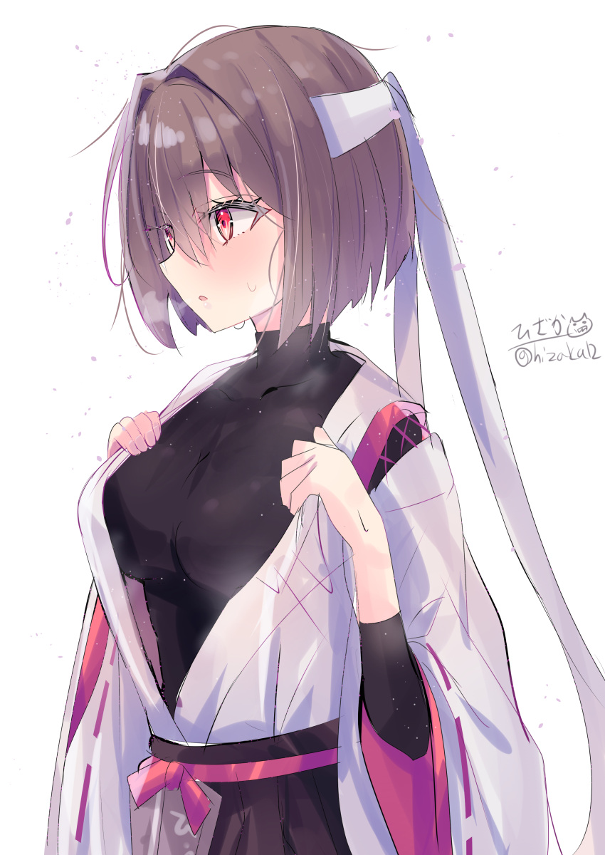 1girl absurdres artist_logo artist_name black_hakama black_shirt brown_hair hakama headband highres hizaka hyuuga_(kancolle) hyuuga_kai_ni_(kancolle) japanese_clothes kantai_collection kimono one-hour_drawing_challenge red_eyes shirt short_hair simple_background solo twitter_username undershirt undressing white_background white_headband white_kimono