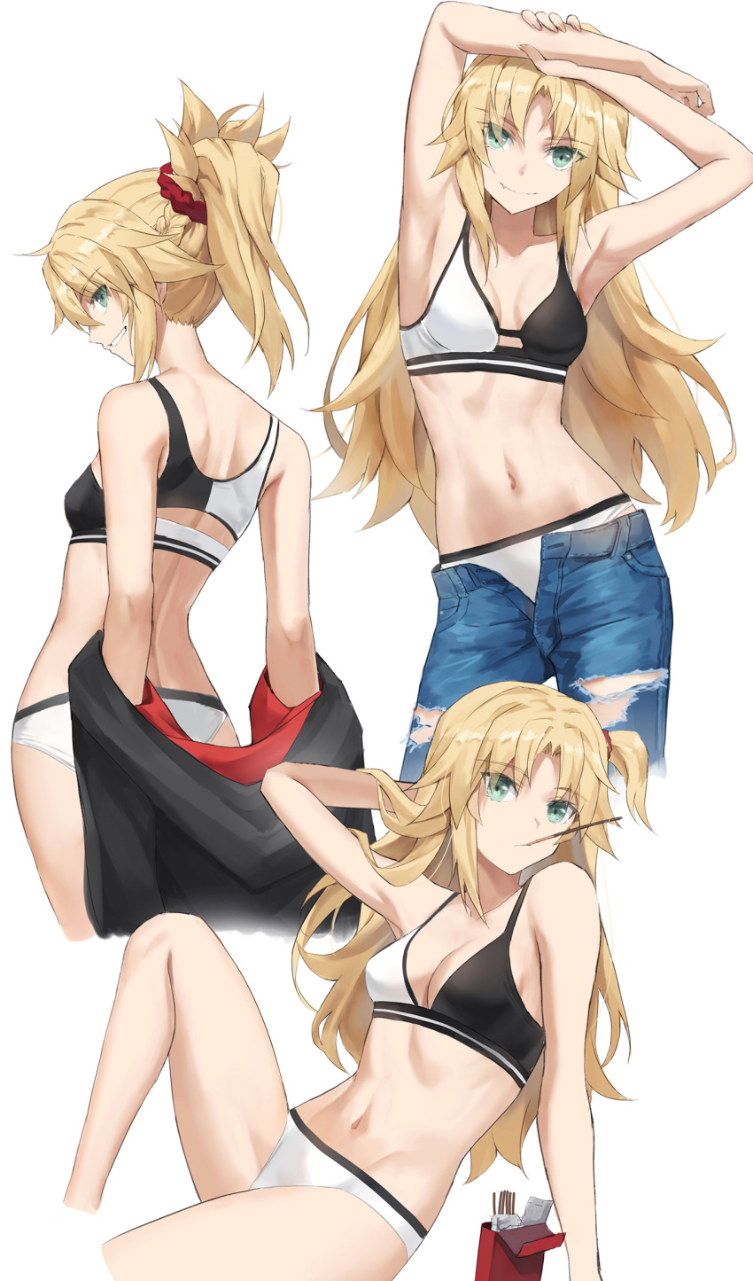 1girl bare_shoulders bikini blonde_hair blush braid breasts collarbone fate/apocrypha fate_(series) french_braid green_eyes hair_ornament hair_scrunchie highres long_hair looking_at_viewer mordred_(fate) mordred_(fate/apocrypha) multiple_views navel parted_bangs ponytail scrunchie sidelocks small_breasts smile swimsuit thighs tonee