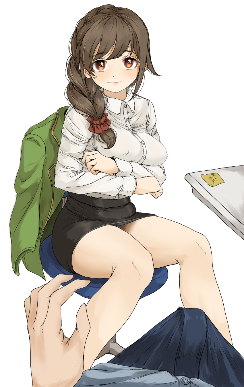 1boy 1girl arms_under_breasts black_skirt blush braid brown_eyes brown_hair chair closed_mouth covered_nipples desk dot_nose erection formal gatsby_ssl green_jacket hair_ornament hair_over_shoulder hair_scrunchie highres idolmaster idolmaster_cinderella_girls idolmaster_cinderella_girls_starlight_stage jacket long_hair long_sleeves looking_at_viewer miniskirt office_chair on_chair pencil_skirt pov red_scrunchie scrunchie senkawa_chihiro shirt simple_background single_braid skirt swivel_chair unworn_jacket white_background white_shirt