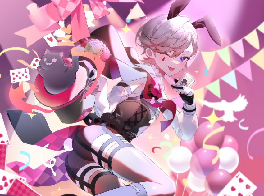 1boy animal_ears ass black_gloves blush bow brown_shorts card facial_mark fake_animal_ears genshin_impact gloves hat highres lemon_(dlraud1123) long_sleeves looking_at_viewer lyney_(genshin_impact) male_focus one_eye_closed purple_eyes rabbit_ears rosseland_(genshin_impact) short_hair shorts smile solo teardrop_facial_mark tongue tongue_out top_hat white_sleeves