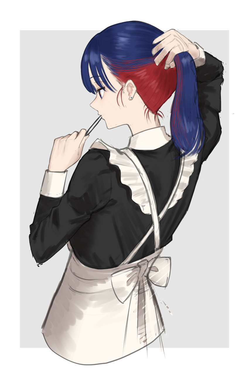 absurdres apron black_shirt blue_hair ear_piercing hairband hands_in_hair highres kamitsubaki_studio long_sleeves looking_ahead maid maid_apron multicolored_clothes multicolored_hair nape neko_hiiragi piercing red_hair ribbon rim_(kamitsubaki_studio) shirt sketch tying_hair virtual_youtuber white_apron white_ribbon