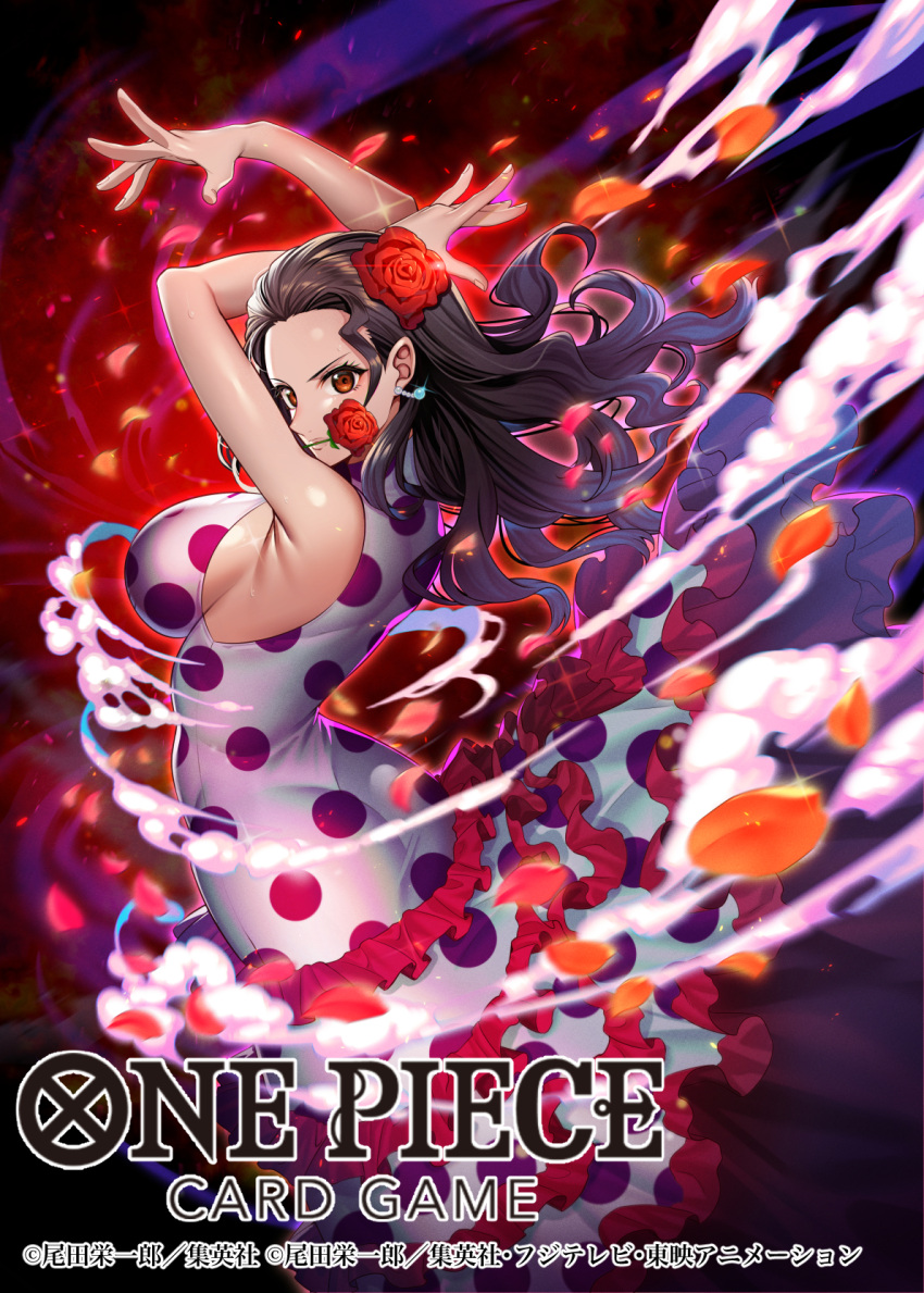 1girl arms_up bashikou breasts commentary_request copyright_name dress earrings floating_clothes floating_hair flower flower_in_mouth frilled_dress frills hair_flower hair_ornament hair_slicked_back highres jewelry large_breasts long_dress looking_back official_art one_piece petals red_eyes red_flower red_petals red_rose rose sideboob smoke turtleneck turtleneck_dress viola_(one_piece)