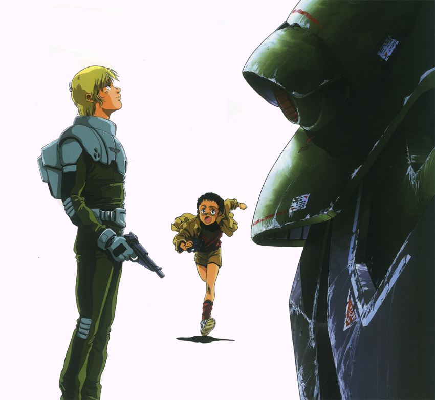 1980s_(style) 2boys age_difference alfred_izuruha bernard_wiseman blonde_hair child damaged dirty gloves gun gundam gundam_0080 handgun key_visual looking_up mecha mikimoto_haruhiko military military_uniform mobile_suit multiple_boys no_headwear official_art pilot_suit promotional_art retro_artstyle robot running scan shorts size_difference spacesuit traditional_media uniform vernier_thrusters weapon white_background zaku_ii_fz_kai zeon