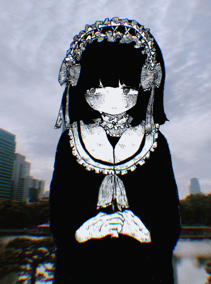 1girl @_@ black_hair black_shirt blunt_bangs blush building choker chromatic_aberration closed_mouth cloud cloudy_sky com_shicom frilled_choker frilled_shirt_collar frills greyscale_with_colored_background hairband highres lolita_hairband looking_to_the_side original outdoors own_hands_together photo_background reflection reflective_water ribbon shirt short_hair sky solo sweat tree water