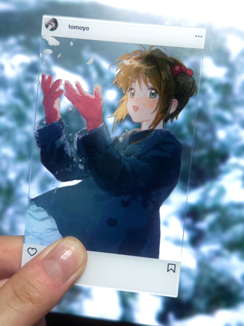 2girls blush brown_hair cardcaptor_sakura coat daidouji_tomoyo gloves green_eyes hands_up highres kinomoto_sakura ling5707 multiple_girls open_mouth photo_(medium) red_gloves short_hair smile snow snowing solo_focus winter winter_clothes