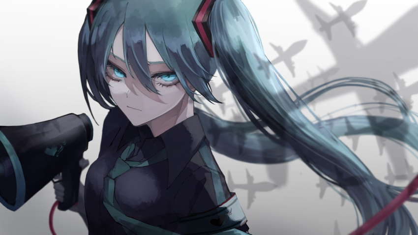 1girl aircraft airplane aqua_eyes aqua_hair aqua_necktie aqua_trim black_shirt blue_eyes blurry closed_mouth collared_shirt commentary_request determined floating_hair hair_between_eyes hand_up hatsune_miku highres holding holding_megaphone koi_wa_sensou_(vocaloid) long_hair looking_at_viewer megaphone necktie orihara_(ewkkyorhr) serious shadow shirt solo twintails upper_body very_long_hair vocaloid