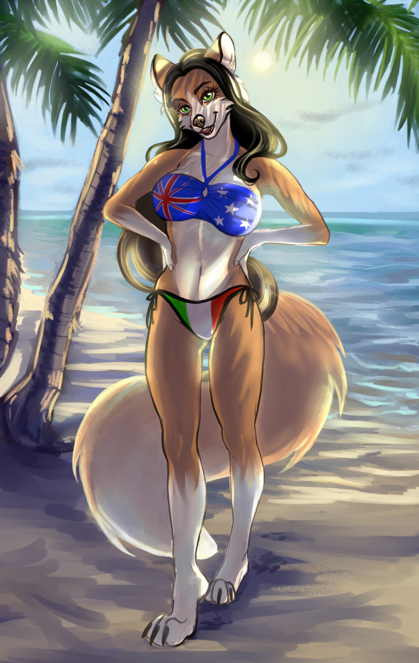 absurd_res anthro australian_flag_bikini bikini black_hair canid canine cinnameana clothing female flag_bikini fox green_eyes hair hi_res italian_flag_bikini mammal solo swimwear