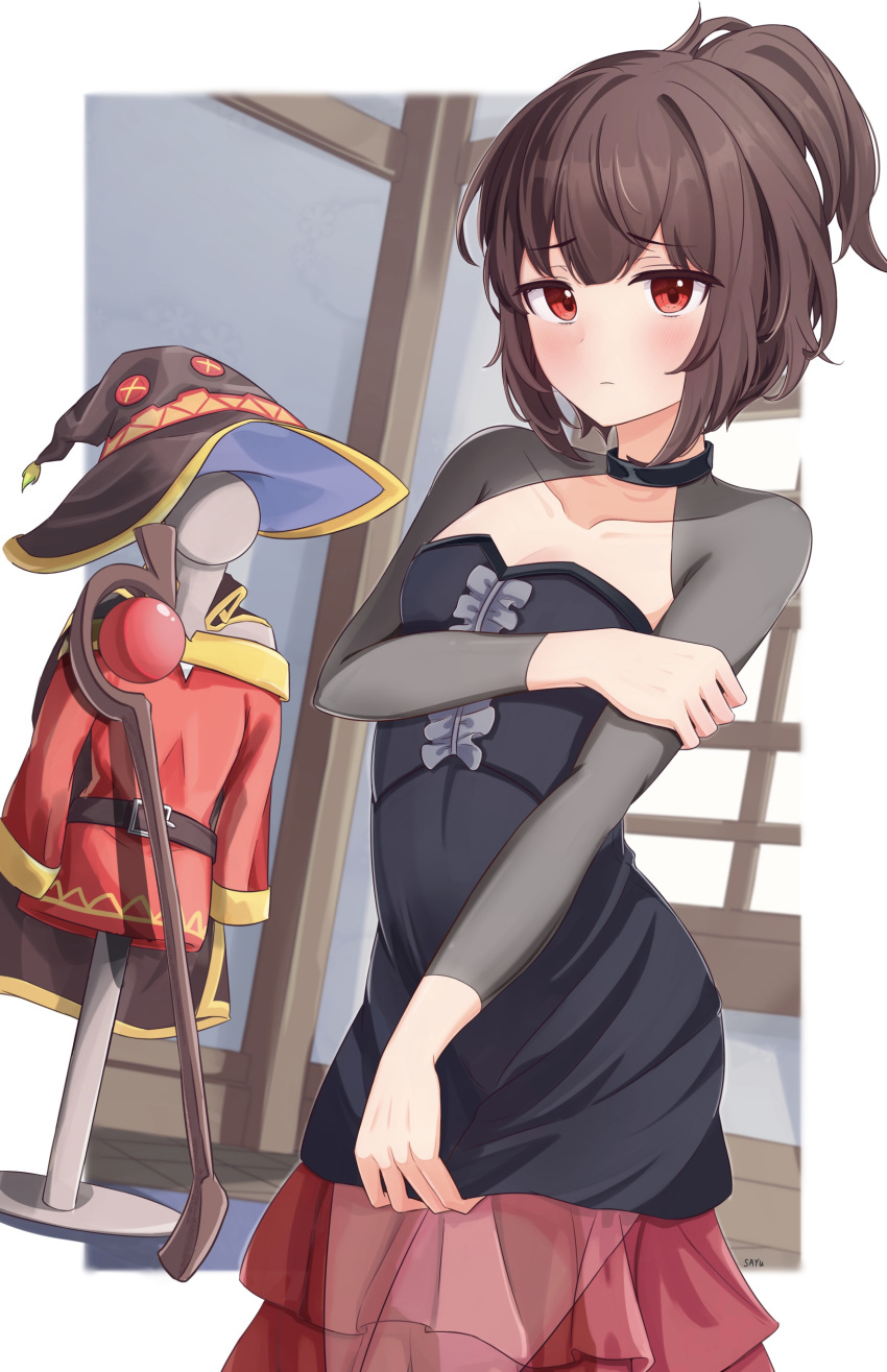 1girl absurdres black_dress breasts brown_hair dress hat highres kono_subarashii_sekai_ni_shukufuku_wo! looking_at_viewer megumin multicolored_clothes multicolored_dress ponytail red_dress red_eyes sayu_(user_yjsz2885) small_breasts solo staff witch_hat