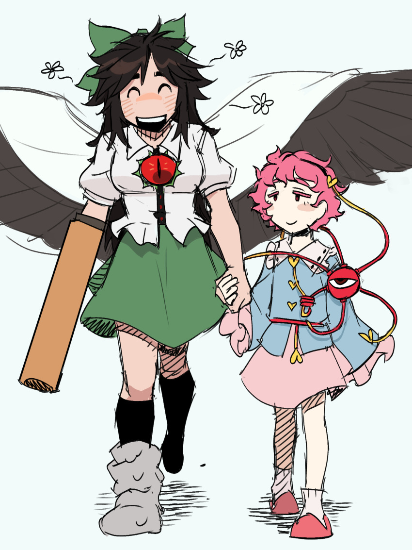 2girls arm_cannon bird_wings black_hair black_hairband black_socks black_wings blue_shirt bow buttons cape closed_eyes closed_mouth collared_shirt control_rod eyeball flower frilled_shirt_collar frilled_sleeves frills full_body green_bow green_skirt hair_bow hair_ornament hairband heart heart_button heart_hair_ornament height_difference highres komeiji_satori long_hair long_sleeves looking_at_another looking_to_the_side messy_hair multiple_girls open_mouth pink_footwear pink_hair pink_skirt reiuji_utsuho shirt short_hair simple_background skirt slippers smile socks taco_touhou teeth third_eye touhou upper_teeth_only walking weapon white_background white_cape white_shirt wings