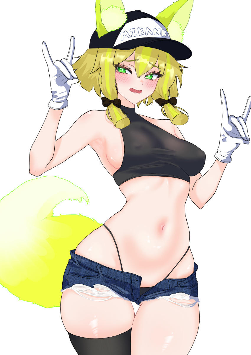 1girl absurdres alternate_costume blonde_hair blush breasts casual covered_nipples crop_top denim denim_shorts duel_monster ears_through_headwear fox_shadow_puppet green_eyes green_hair highres hu-li_the_jewel_mikanko midriff navel oldsickkim open_mouth short_hair_with_long_locks shorts sideboob single_thighhigh solo stomach thighhighs yu-gi-oh!