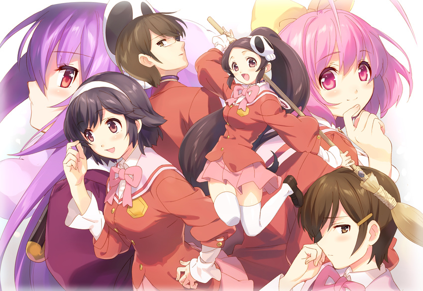 5girls :d ahoge black_hair bow broom brown_eyes brown_hair choker elysia_de_lute_ima glasses hair_bow hair_ornament hair_ribbon hairband hairclip haqua_d'rot_herminium holding kami_nomi_zo_shiru_sekai katsuragi_keima kosaka_chihiro long_hair looking_at_viewer multiple_girls nakagawa_kanon open_mouth pink_eyes pink_hair pleated_skirt ponytail red_eyes ribbon school_uniform short_hair skirt skull_hair_ornament smile takahara_ayumi thighhighs tokira_nozumi white_legwear zettai_ryouiki