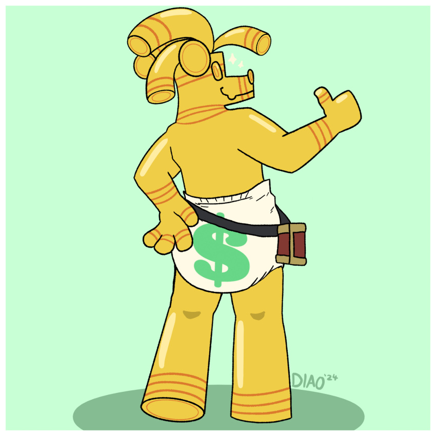 ageplay ambiguous_gender anthro butt clothed clothing coin currency_symbol deer_in_a_onesie_(artist) diaper diaper_only dollar_sign generation_9_pokemon gesture gholdengo gold_(metal) hand_gesture hi_res infantilism looking_at_viewer nintendo pokemon pokemon_(species) roleplay solo symbol thumbs_up topless treasure_chest