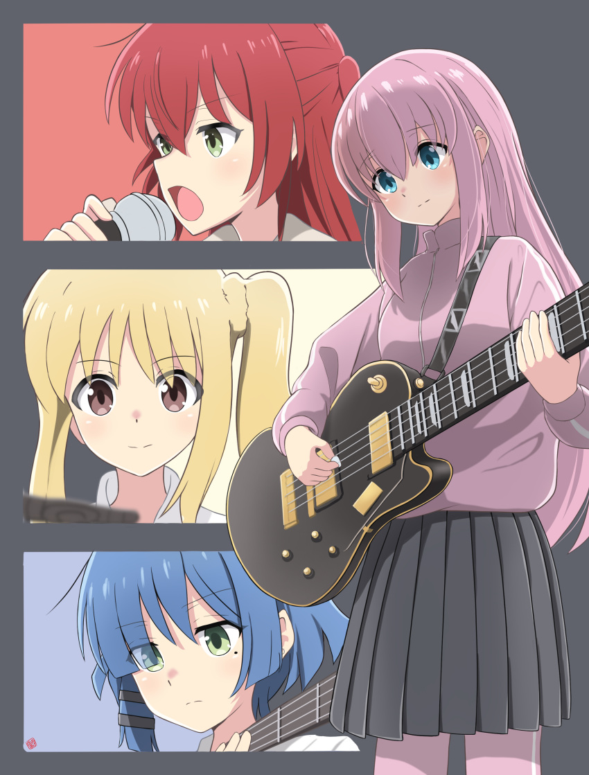 4girls absurdres bass_guitar blonde_hair blue_eyes blue_hair bocchi_the_rock! closed_mouth commentary frown gotoh_hitori green_eyes grey_skirt guitar hair_ornament highres holding holding_instrument holding_microphone holding_plectrum ijichi_nijika instrument jacket kita_ikuyo long_hair looking_at_viewer looking_to_the_side microphone mole mole_under_eye multiple_girls music nao_suke open_mouth pants pants_under_skirt pink_hair pink_jacket pink_pants playing_instrument pleated_skirt plectrum red_eyes red_hair short_hair side_ponytail singing skirt smile standing track_jacket track_pants two_side_up yamada_ryo yellow_eyes