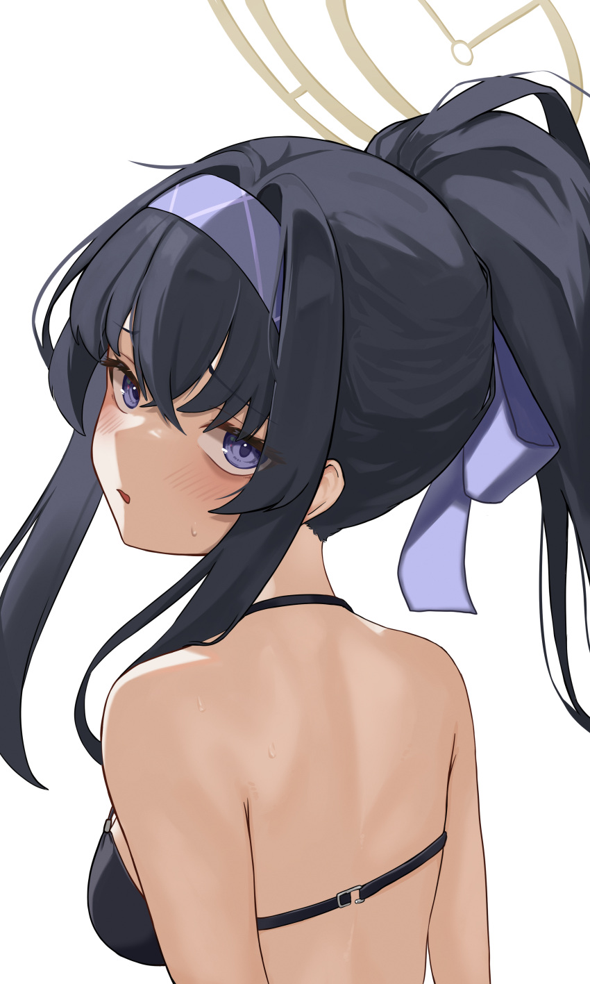 1girl absurdres back bee_ho00 bikini black_bikini black_hair blue_archive blue_eyes blue_hairband blush breasts brown_hair commentary crossed_bangs from_behind hairband halterneck highres long_hair looking_at_viewer looking_back official_alternate_costume parted_lips ponytail simple_background small_breasts solo sweat swimsuit ui_(blue_archive) ui_(swimsuit)_(blue_archive) upper_body white_background