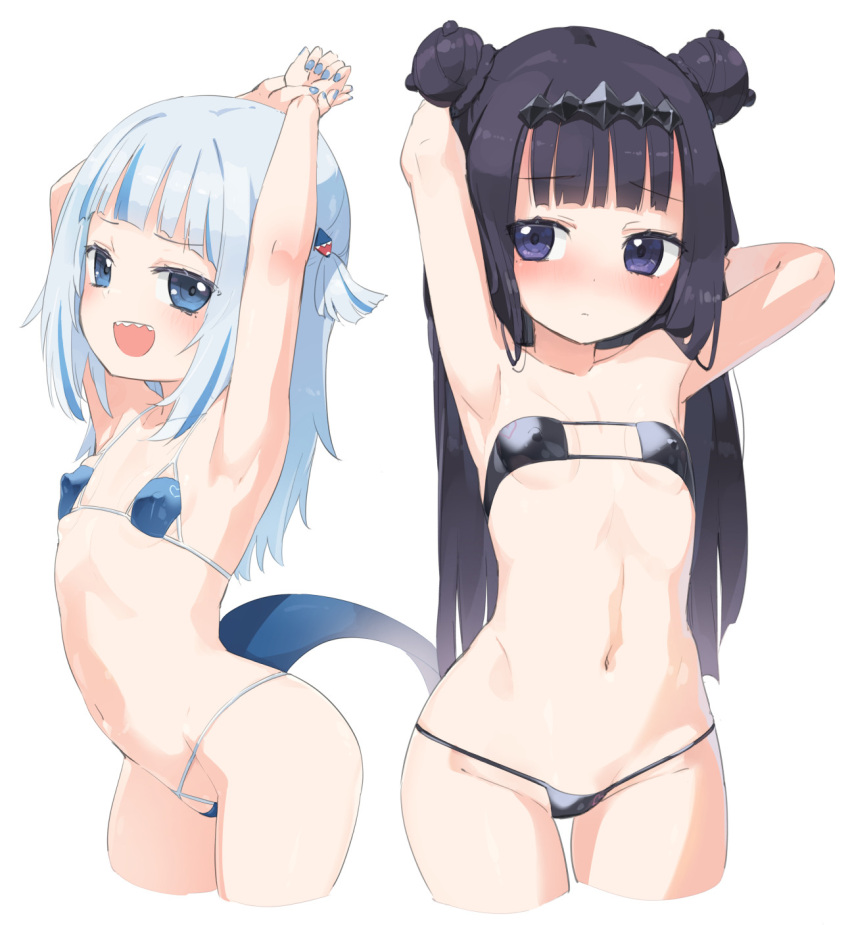 2girls :d armpits arms_up bare_arms bare_shoulders bikini black_bikini black_hair blue_bikini blue_eyes blue_hair blue_nails blush breasts closed_mouth collarbone commentary_request covered_nipples double_bun eyepatch_bikini fins fish_tail gawr_gura groin hair_bun hair_ornament highres hololive hololive_english homura_subaru long_hair looking_at_viewer micro_bikini multicolored_hair multiple_girls nail_polish navel ninomae_ina'nis purple_eyes shark_girl shark_tail sharp_teeth simple_background small_breasts smile streaked_hair swimsuit tail teeth two_side_up very_long_hair virtual_youtuber white_background