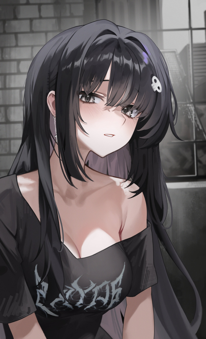 1girl absurdres black_hair black_shirt blush breasts cleavage collarbone commentary_request cross cross_earrings earrings grey_eyes hair_ornament highres indoors jewelry korean_commentary long_hair looking_at_viewer medium_breasts mole mole_under_eye ori_(0rizuru) original parted_lips shirt short_sleeves single_bare_shoulder skull_hair_ornament solo window