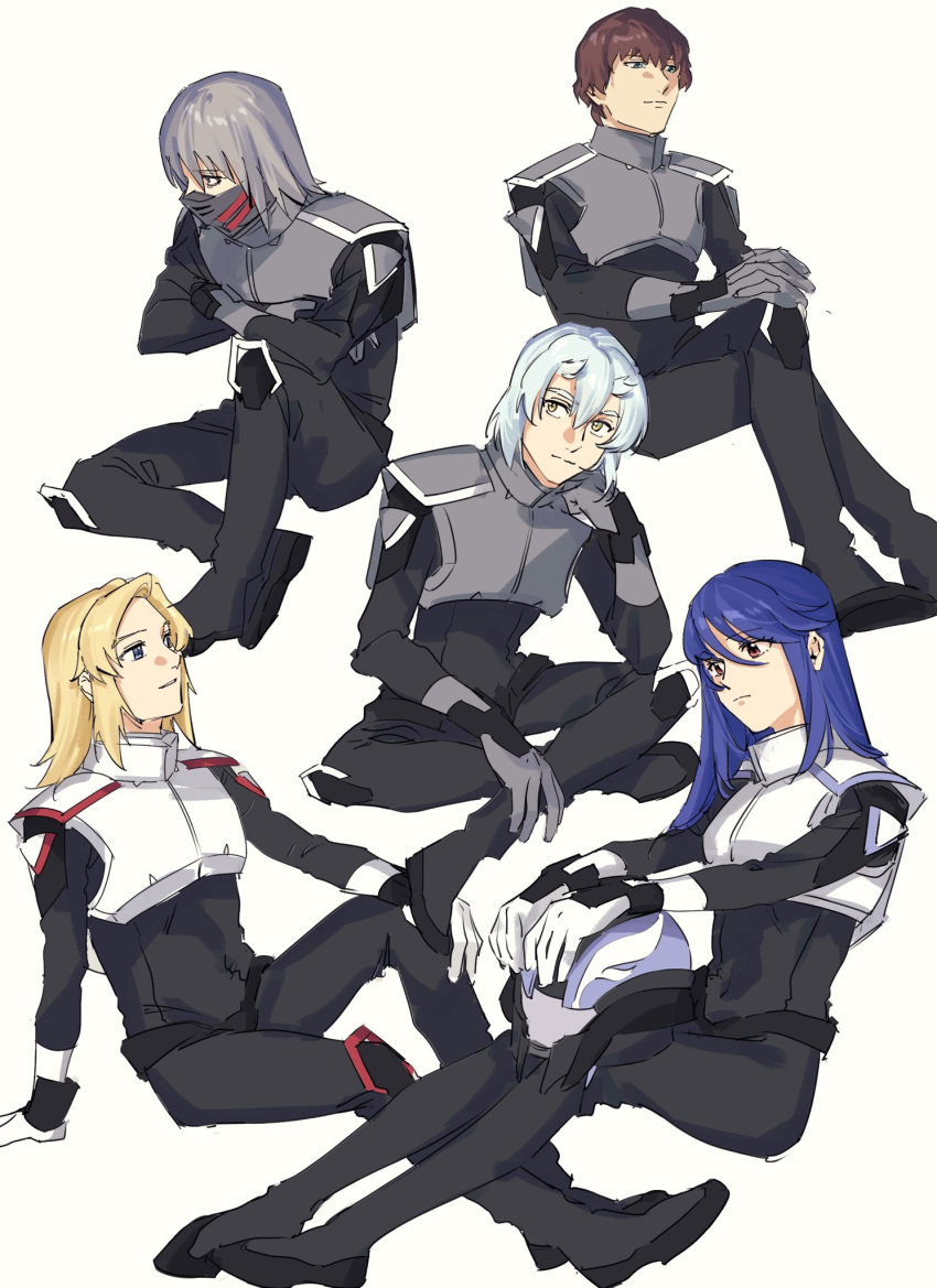 1girl 4boys blonde_hair blue_eyes brown_hair daniel_harper grey_hair gundam gundam_seed gundam_seed_freedom helmet highres holding holding_helmet ingrid_tradoll liu_shenqiang long_hair mask multiple_boys nanao_parakeet normal_suit orange_eyes orphee_lam_tao pilot pilot_helmet pilot_suit pilot_uniform short_hair shura_serpentine