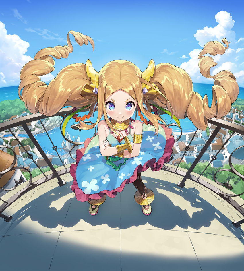 1girl armlet artist_request balcony bare_shoulders big_hair blonde_hair blue_eyes blue_sky blush cloud crossed_arms dress drill_hair flat_chest floating_hair full_body heart_of_crown highres horizon long_hair looking_at_viewer ocean official_art outdoors parted_lips railing second-party_source sky smile solo town twin_drills