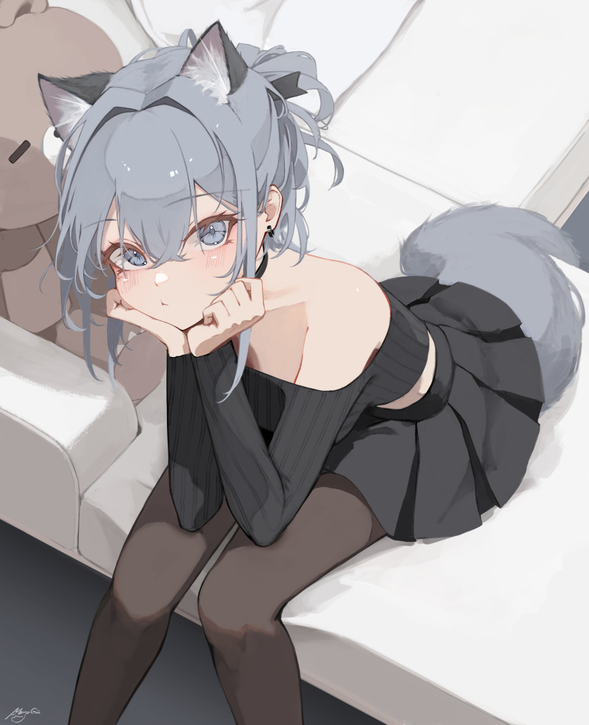 1girl :t absurdres animal_ear_fluff animal_ears black_shirt black_skirt blush brown_pantyhose closed_mouth commentary_request couch crop_top feet_out_of_frame grey_eyes grey_hair hair_between_eyes highres long_sleeves looking_at_viewer mayogii midriff off-shoulder_shirt off_shoulder on_couch original pantyhose pleated_skirt ribbed_shirt shirt signature sitting skirt solo stuffed_animal stuffed_toy tail teddy_bear