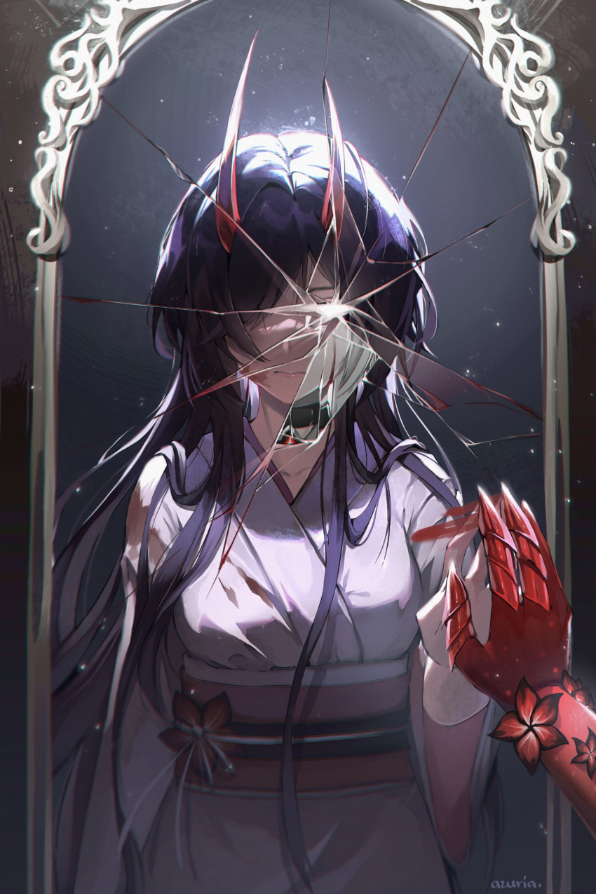 1girl absurdres acheron_(honkai:_star_rail) artist_name azuria03 black_choker blood blood_on_face blood_on_mirror broken_mirror choker different_reflection flower hair_over_one_eye hand_on_mirror highres honkai:_star_rail honkai_(series) horns japanese_clothes looking_at_mirror mirror obi official_alternate_color official_alternate_costume purple_hair red_flower red_horns reflection sash solo upper_body