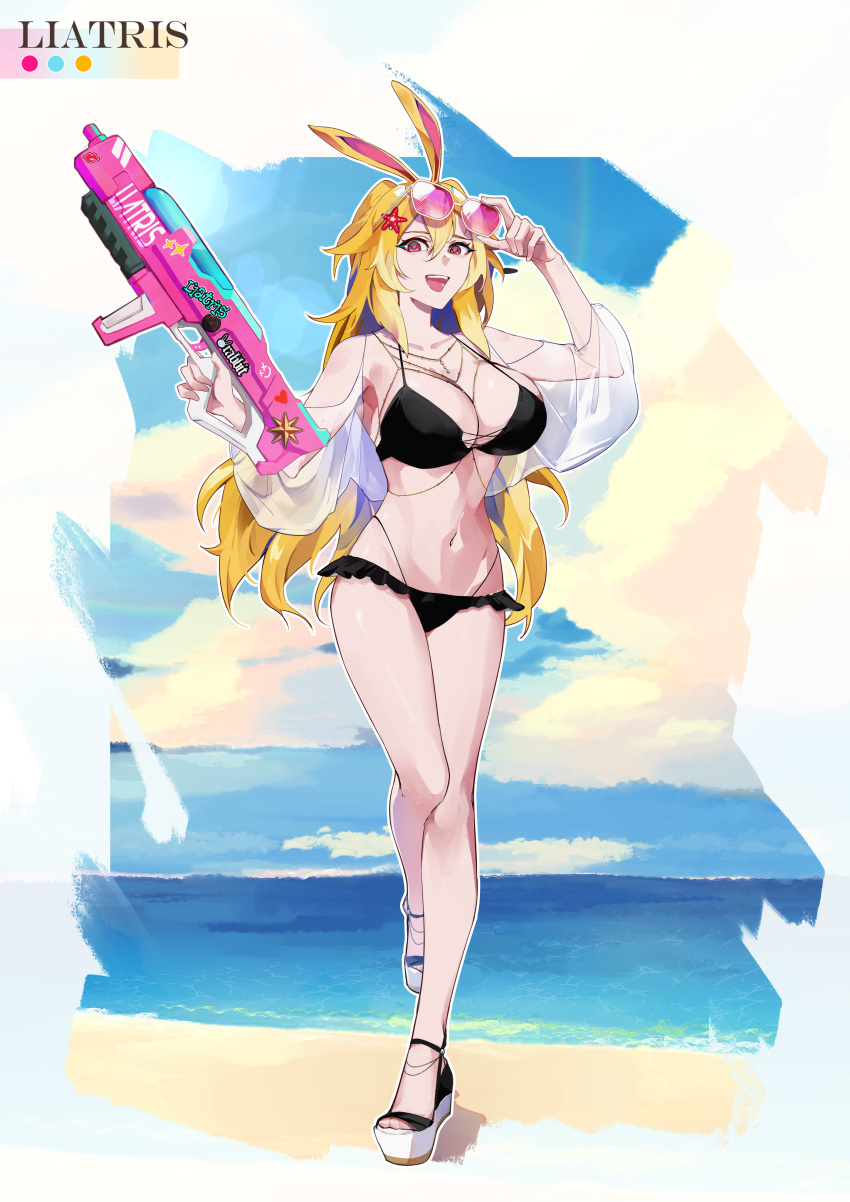 1girl absurdres adjusting_eyewear animal_ears beach bikini black_bikini blonde_hair breasts brown_dust_2 character_name eyebrows_hidden_by_hair full_body hair_between_eyes highres holding holding_water_gun large_breasts liatris_(brown_dust) lmn long_hair looking_at_viewer multiple_necklaces navel ocean open_mouth pink-tinted_eyewear platform_footwear platform_heels rabbit_ears red_eyes sand see-through see-through_sleeves smile solo standing standing_on_one_leg stomach swimsuit teeth tinted_eyewear upper_teeth_only very_long_hair walking water_gun white_footwear white_sleeves