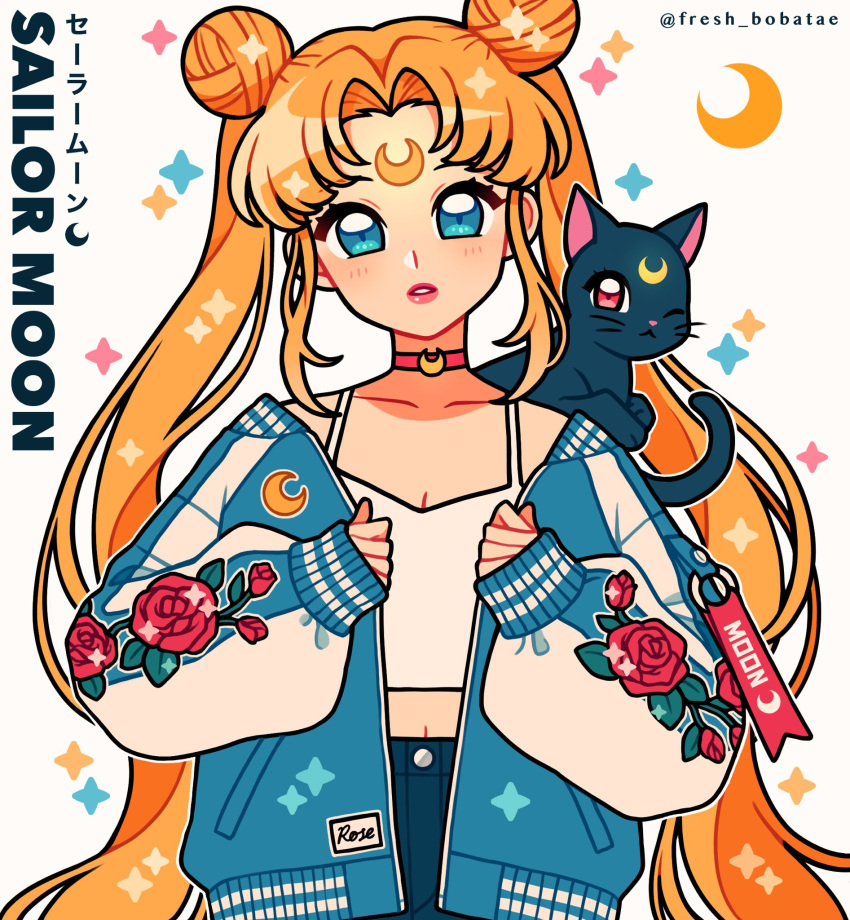 1girl bishoujo_senshi_sailor_moon blonde_hair blue_eyes blue_jacket choker crescent crescent_facial_mark crescent_moon denim double_bun emily_kim facial_mark floral_print forehead_mark hair_bun highres jacket jeans letterman_jacket luna_(sailor_moon) moon multicolored_clothes multicolored_jacket pants red_choker rose_print sailor_moon shirt simple_background sparkle tag tsukino_usagi twintails twitter_username two-tone_jacket white_background white_shirt