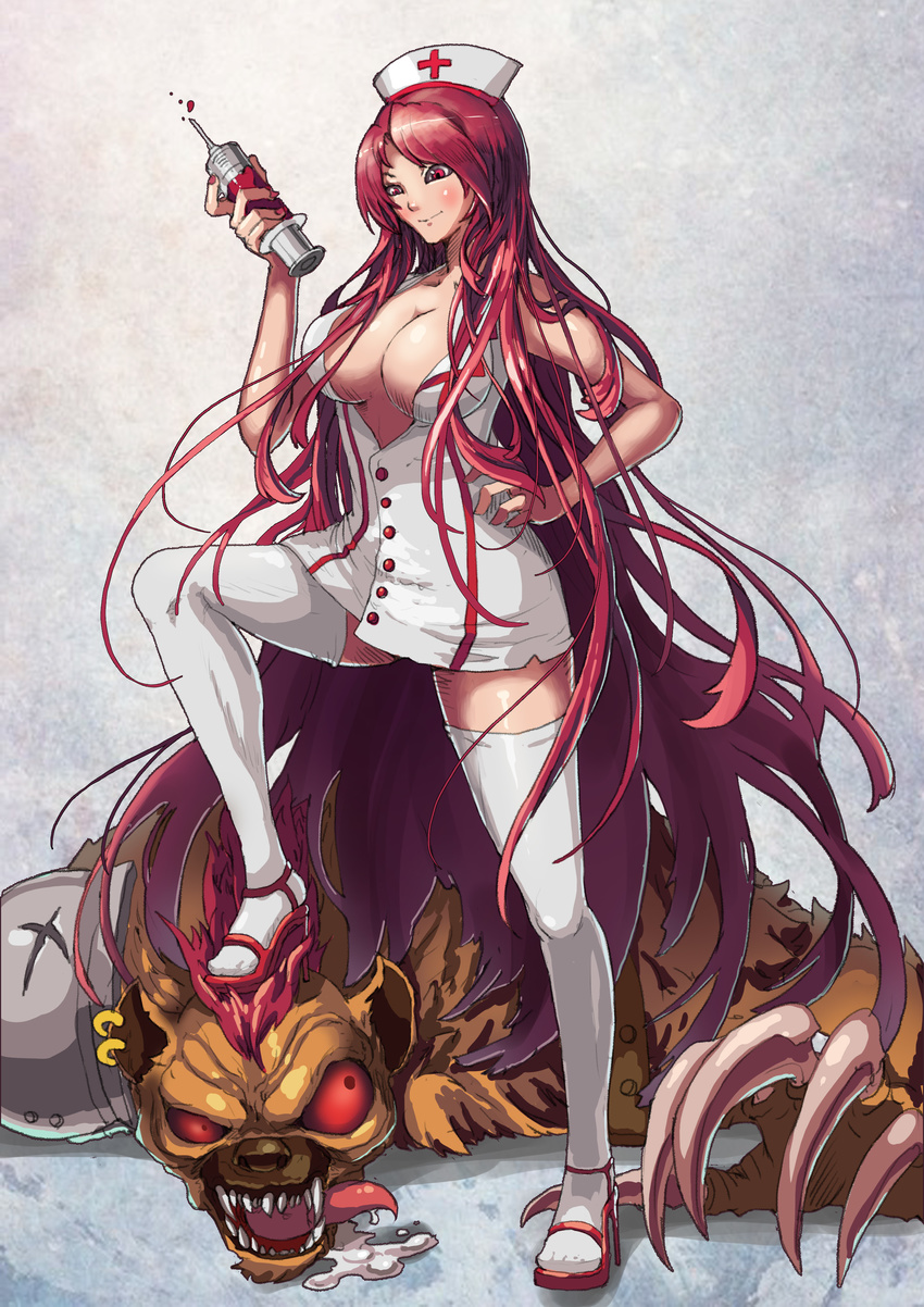 absurdres breasts cleavage dress foot_on_head hat highres large_breasts league_of_legends long_hair nurse nurse_cap pink_eyes pink_hair sarah_fortune short_dress solo syringe thighhighs very_long_hair warwick