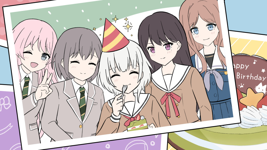 5girls bang_dream! bang_dream!_it's_mygo!!!!! black_hair blazer blue_eyes blue_serafuku blue_shirt blue_skirt blush brown_hair chihaya_anon closed_eyes closed_mouth collared_shirt commentary diagonal-striped_clothes diagonal-striped_necktie dress fork green_necktie grey_eyes grey_hair grey_jacket grey_neckerchief hanasakigawa_school_uniform haneoka_school_uniform hat highres holding holding_fork jacket kaname_raana long_hair long_sleeves matcha_(food) mole mole_under_eye multiple_girls mygo!!!!!_(bang_dream!) nagasaki_soyo neck_ribbon neckerchief necktie novi_visual one_eye_closed party_hat photo_(object) pink_hair pleated_skirt purple_eyes red_ribbon ribbon sailor_collar sailor_dress school_uniform serafuku shiina_taki shirt short_hair sidelocks skirt smile striped_clothes takamatsu_tomori tsukinomori_school_uniform utensil_in_mouth v white_sailor_collar white_shirt