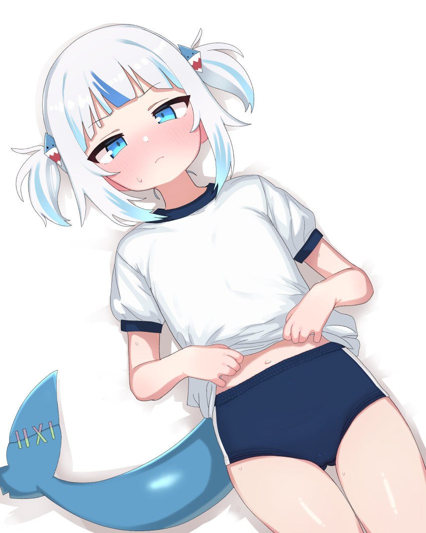 absurdres blush cameltoe closed_mouth fins fish_tail full-face_blush gawr_gura gym_shirt gym_shorts gym_uniform hair_ornament highres holding holding_clothes hololive looking_at_viewer lying mingkozus multicolored_hair navel on_back shark_hair_ornament shark_tail shirt short_hair short_twintails shorts stitched_tail streaked_hair sweatdrop tail twintails two-tone_hair white_background white_hair white_shirt