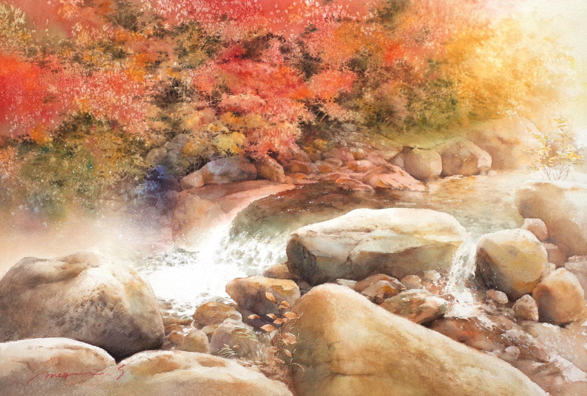 bush dappled_sunlight day forest highres nature no_humans original painting_(medium) pebble plant rock scenery shimizu_megumi_(m_acquerello) stream sunlight traditional_media tree tree_shade water watercolor_(medium)