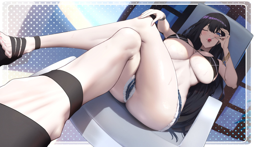 1girl ass bikini black_hair bracelet breasts candy crossed_legs denim denim_shorts food from_below highres holding holding_candy holding_food holding_lollipop jewelry large_breasts lollipop long_hair micro_bikini micro_shorts one_eye_closed original sandals shiroshisu shorts sitting solo swimsuit underboob