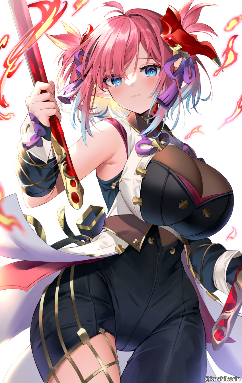 1girl asymmetrical_clothes asymmetrical_hair black_bodysuit blue_eyes bodysuit breasts chichiri coat draph fishnets granblue_fantasy hair_ornament highres horns large_breasts red_hair single_pantsleg sleeveless sleeveless_coat solo tassel tassel_hair_ornament thigh_strap yuntae