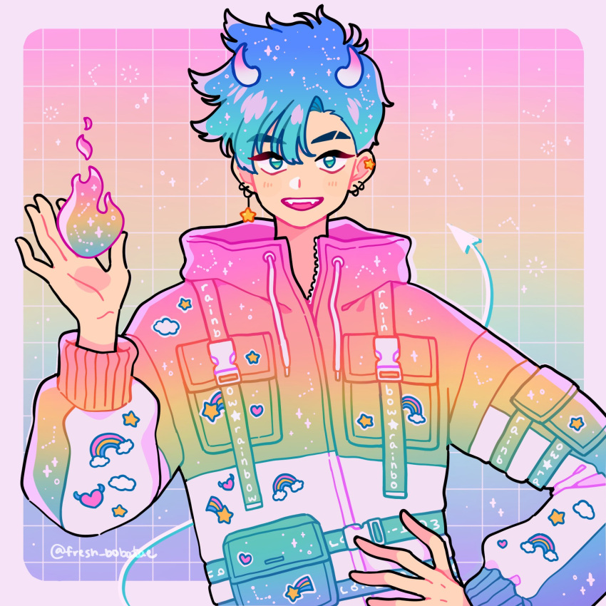 1boy blue_hair buckle demon_horns demon_tail earrings emily_kim eyebrow_cut fangs fire gradient_background gradient_hair green_eyes heart_sticker highres holding horns jacket jewelry multicolored_clothes multicolored_hair multicolored_jacket multiple_piercings original rainbow rainbow_gradient rainbow_sticker shooting_star_(symbol) short_hair sparkle star_(symbol) star_earrings sticker_on_arm tail twitter_username