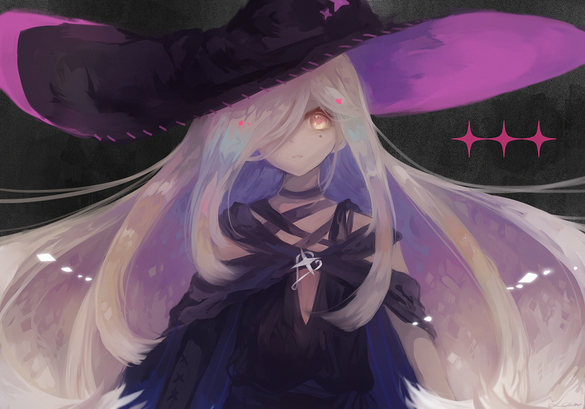 1girl black_choker black_dress black_gloves black_hat choker dress gloves hat highres hoshiakari_lenu long_hair looking_at_viewer mili_(band) parted_lips sidelocks solo tellulu upper_body very_long_hair white_hair witch_hat