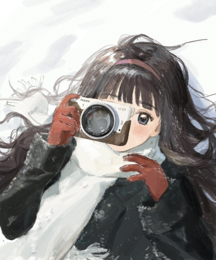 2girls black_coat black_hair blush camera cardcaptor_sakura coat daidouji_tomoyo gloves grey_eyes hairband highres holding holding_camera kinomoto_sakura ling5707 long_hair lying multiple_girls on_back red_gloves reflection scarf snow upper_body white_scarf