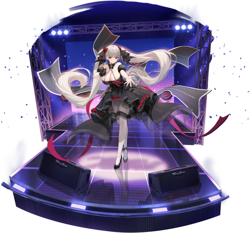 1girl absurdres azur_lane black_bow black_dress black_footwear black_ribbon blush bow breasts byulzzi cleavage detached_sleeves dress flight_deck floating_hair formidable_(azur_lane) formidable_(muse)_(azur_lane) frilled_dress frills full_body gloves grey_hair hair_bow hair_ornament hair_ribbon halterneck high_heels highres huge_breasts idol large_breasts layered_dress leaning_forward logo long_hair microphone non-web_source official_alternate_costume official_art open_mouth outstretched_arm pantyhose red_eyes red_ribbon reflective_floor ribbon rigging see-through shoes sky sleeveless solo speaker stage stage_lights standing thighhighs transparent_background twintails two-tone_dress very_long_hair white_pantyhose