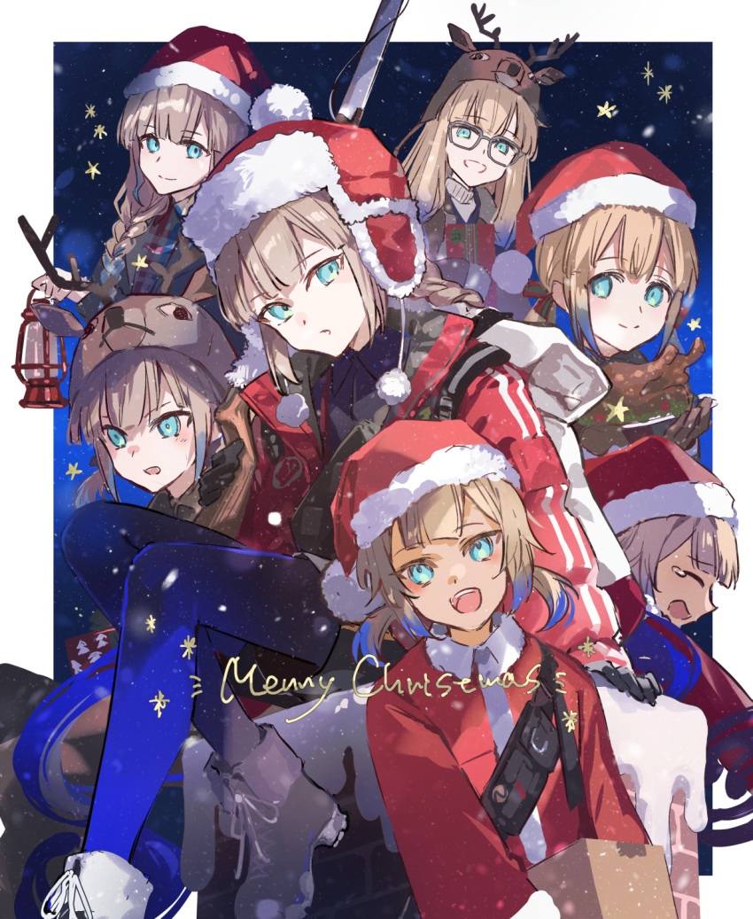 1boy 5others black_gloves blue_hair blue_leggings blue_pantyhose box braid captain_nemo_(fate) cardboard_box chimney down_jacket engineer_nemo_(fate) fate/grand_order fate_(series) fur-trimmed_headwear fur_hat fur_trim glasses gloves gradient_hair hat highres holding holding_box holding_lantern jacket lantern leggings long_hair marine_nemo_(fate) merry_christmas multicolored_hair multiple_others nemo_(fate) nemo_(santa)_(fate) open_clothes open_jacket package pantyhose poppoman professor_nemo_(fate) red_jacket reindeer_hat round_eyewear santa_hat shirt sleeves_past_fingers sleeves_past_wrists ushanka very_long_sleeves