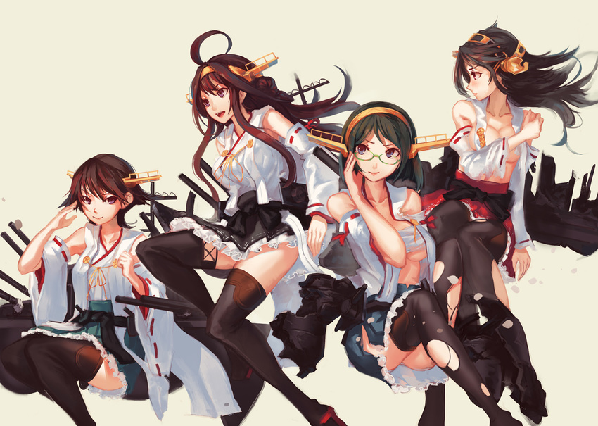 ahoge bare_shoulders black_hair boots breasts brown_hair covering covering_breasts detached_sleeves double_bun glasses hairband haruna_(kantai_collection) headgear hiei_(kantai_collection) japanese_clothes kantai_collection kirishima_(kantai_collection) kongou_(kantai_collection) large_breasts long_hair multiple_girls nontraditional_miko open_clothes saimon_ma short_hair thigh_boots thighhighs torn_clothes torn_legwear