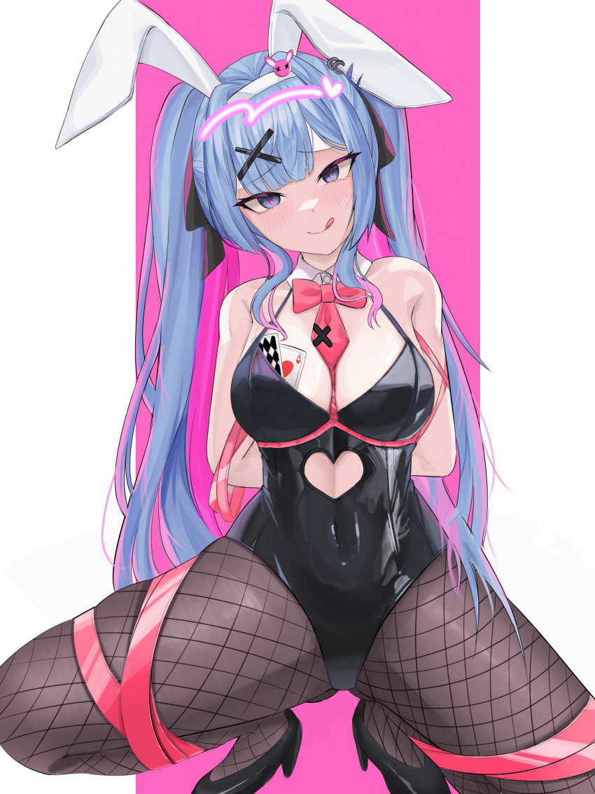 1girl :q absurdres ace_(playing_card) ace_of_hearts animal_ears arm_ribbon arms_behind_back bare_shoulders black_ribbon blue_eyes blue_hair blush bound bound_arms bound_legs bow bowtie breasts card cleavage clothing_cutout covered_navel d_biran detached_collar fishnet_pantyhose fishnets full_body hair_between_eyes hair_ornament hair_ribbon hairband hatsune_miku head_tilt heart high_heels highres leg_ribbon legs long_hair medium_breasts midriff_peek multicolored_hair naughty_face on_one_knee pantyhose pink_hair pink_ribbon playing_card rabbit_ears rabbit_girl rabbit_hair_ornament rabbit_hole_(vocaloid) red_bow red_bowtie red_ribbon ribbon skin_tight skindentation smile solo spaghetti_strap spread_legs squatting stomach_cutout streaked_hair thighs tongue tongue_out twintails two-tone_hair very_long_hair vocaloid white_hairband